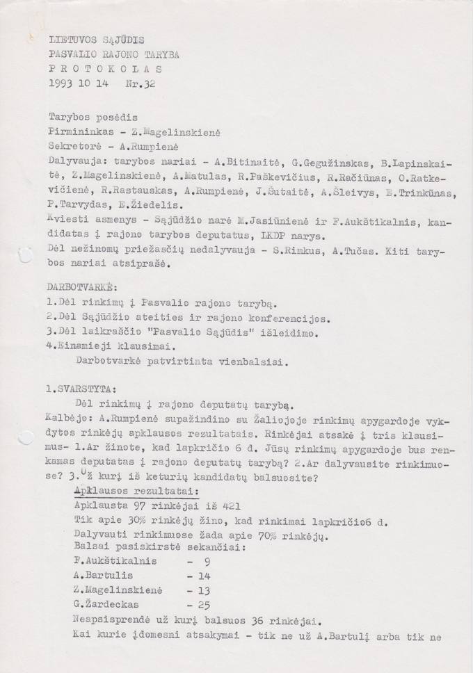 Lietuvos Sajūdžio Pasvalio rajono Tarybos posėdžio 1993 m. spalio 14 d. PROTOKOLAS Nr. 32